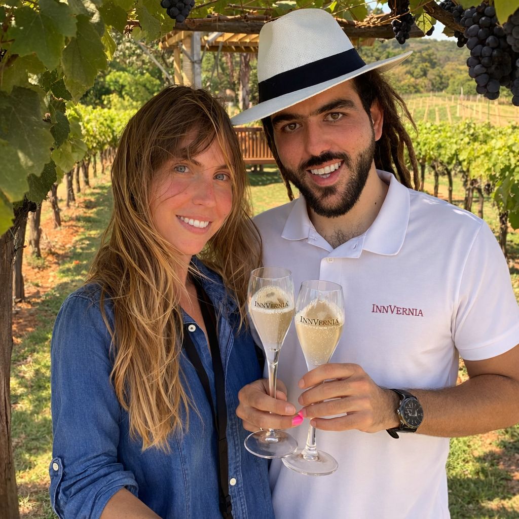 Casal brindando com espumante InnVernia nos vinhedos
