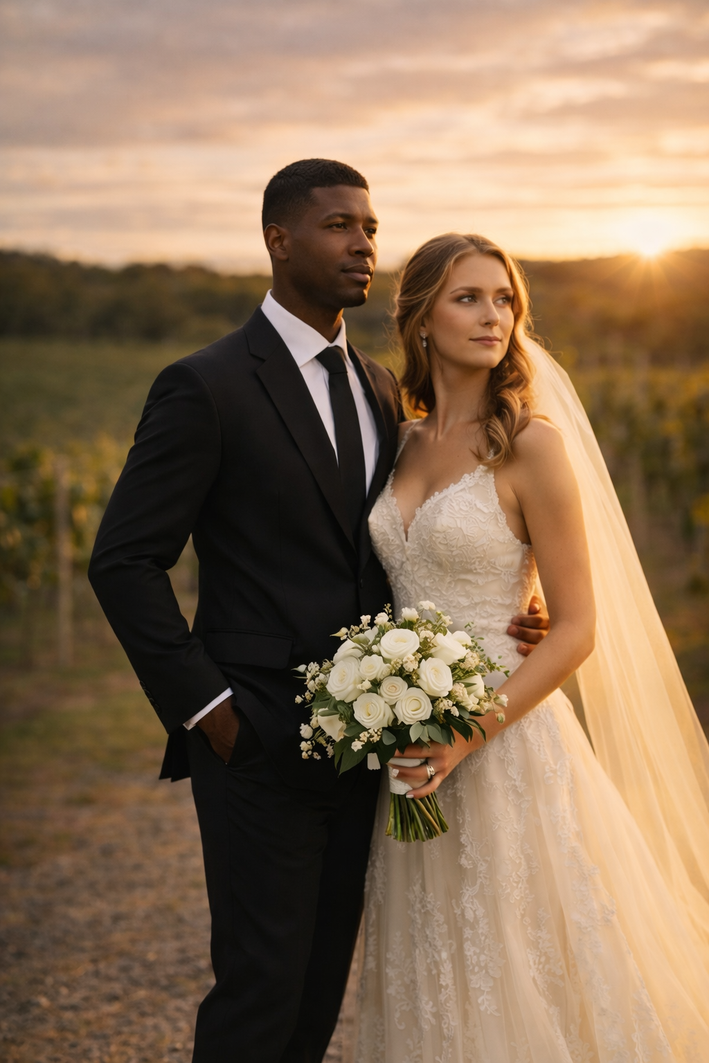 Casal ao pôr do sol nos vinhedos